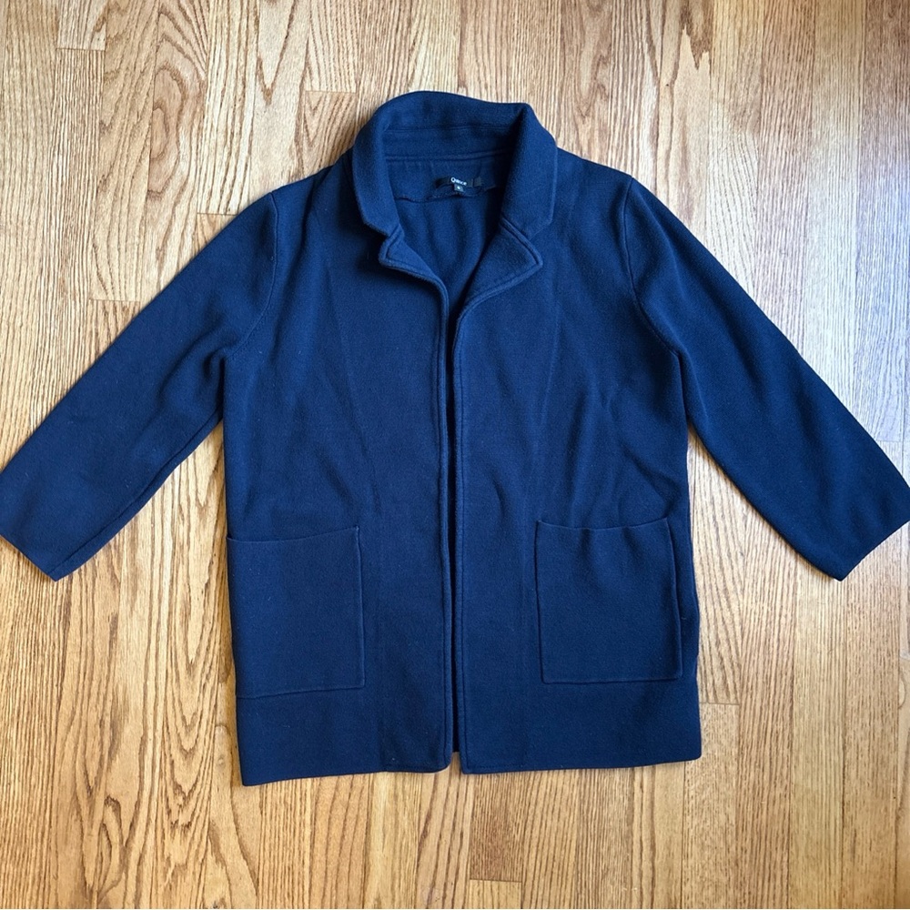 Quince Knit Blazer Women S Navy  Blue Organic Cotton Cardigan Pocket 3/4 Sleeve